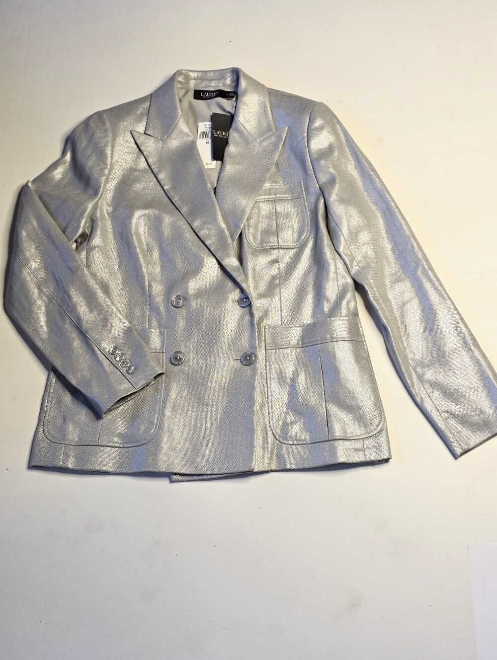 LAUREN RALPH LAUREN Silver Metallic Linen Double-Breasted Blazer